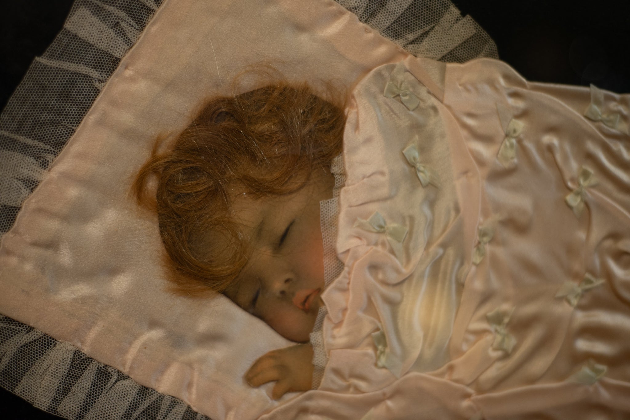 Victorian Mourning Infant with Real Hair and Bedding