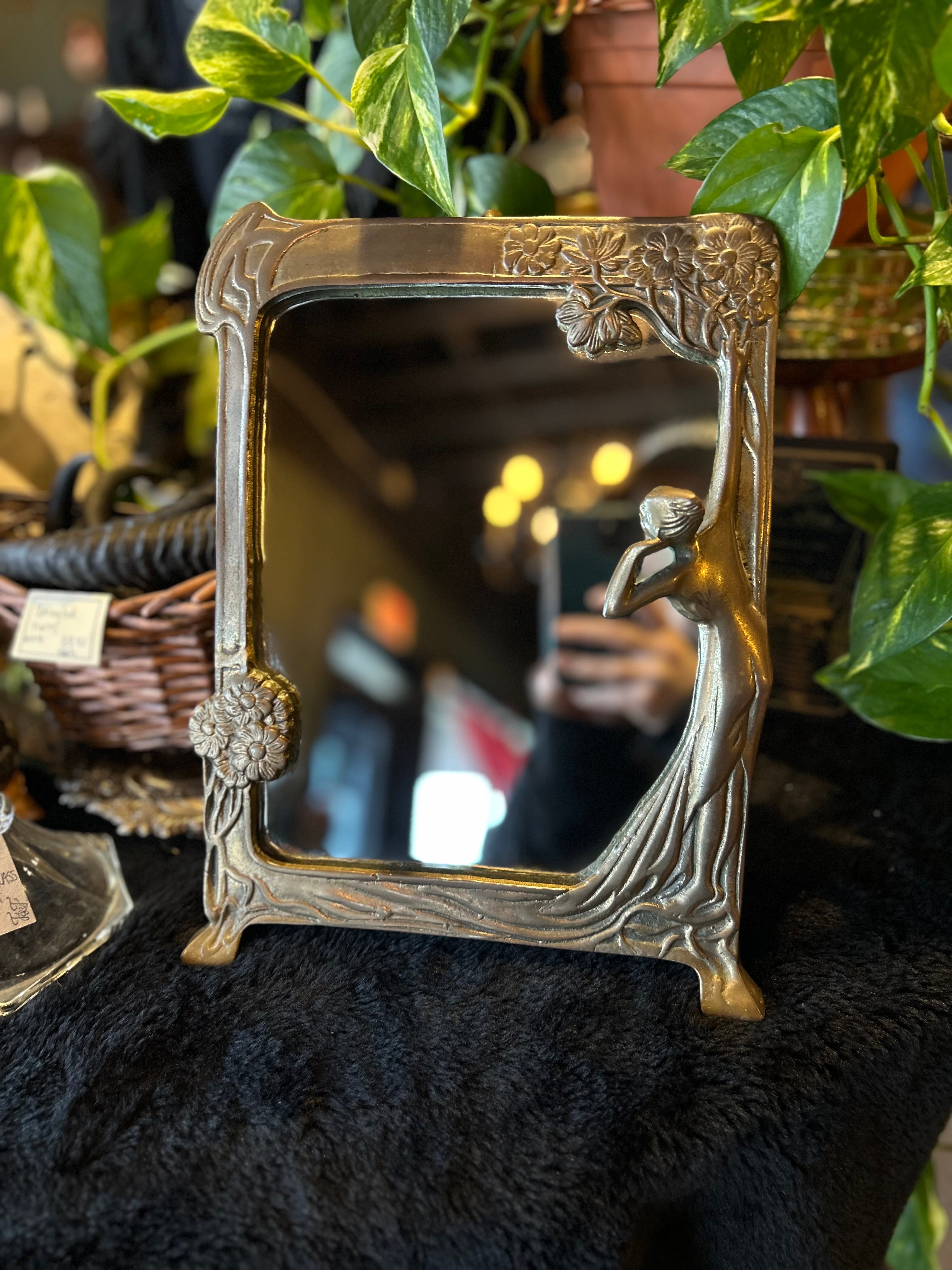 Antique Art Nouveau Brass Mirror