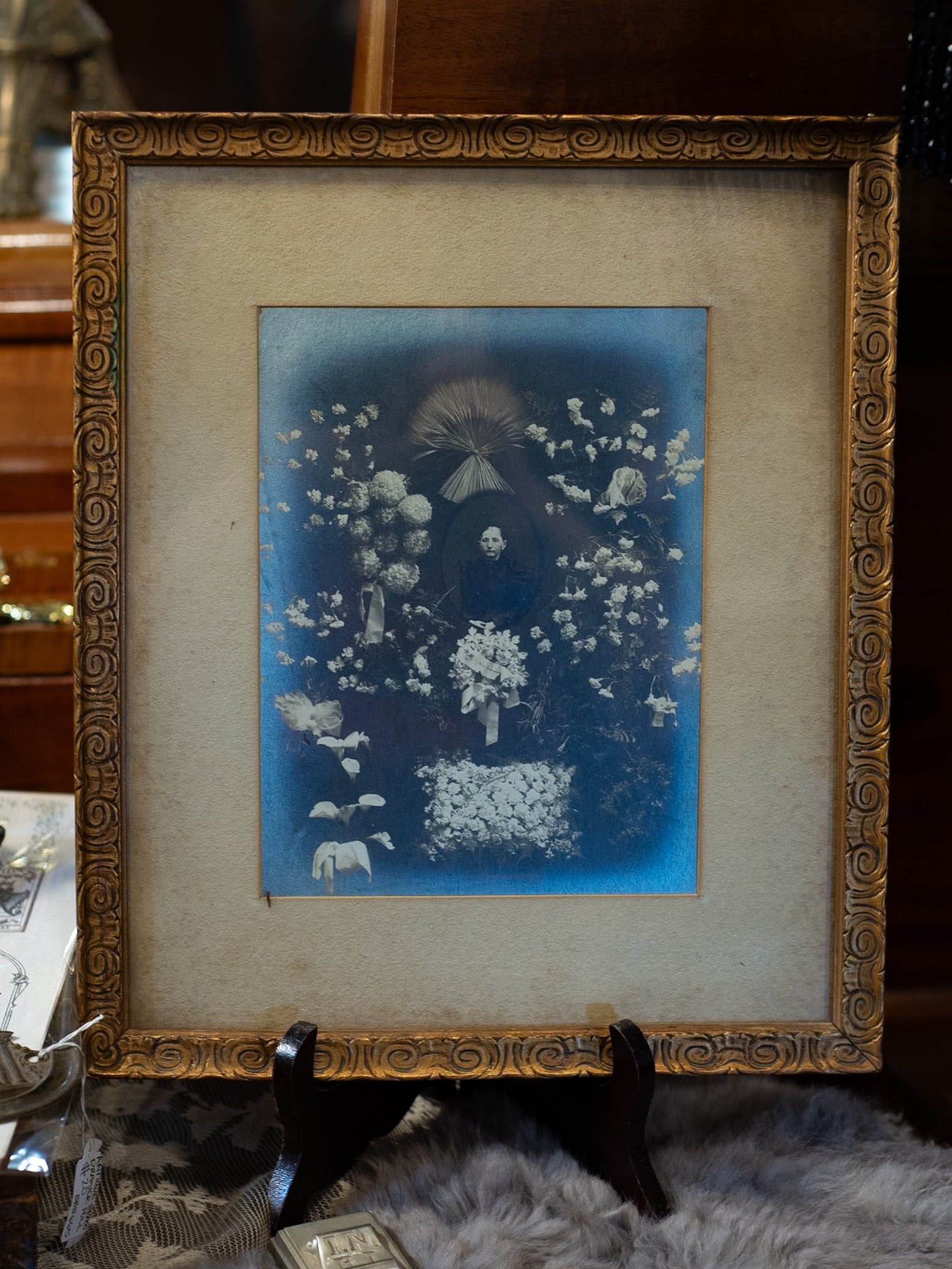 Antique Funeral Portrait and Florals Framed, “At Rest”