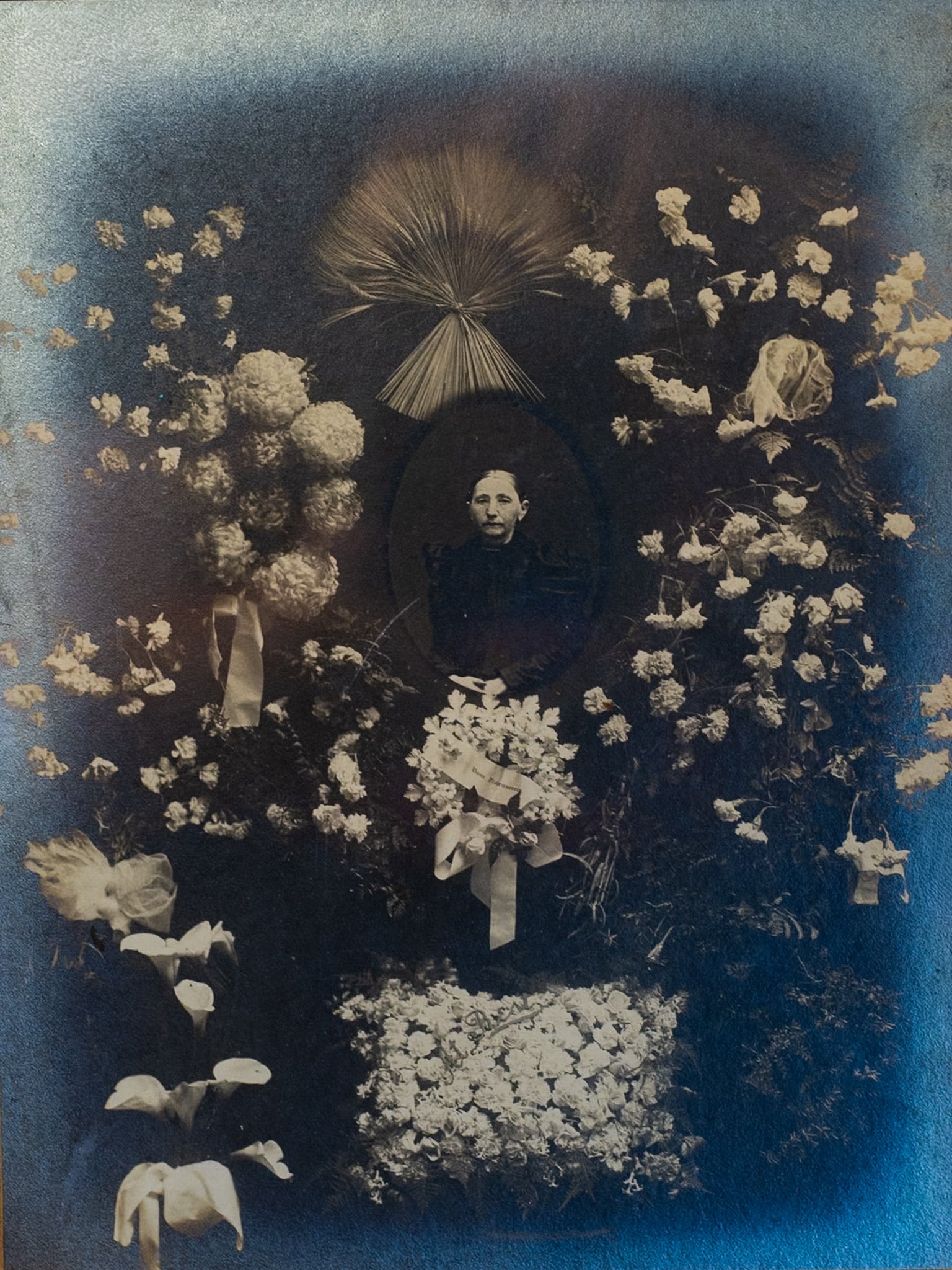 Antique Funeral Portrait and Florals Framed, “At Rest”