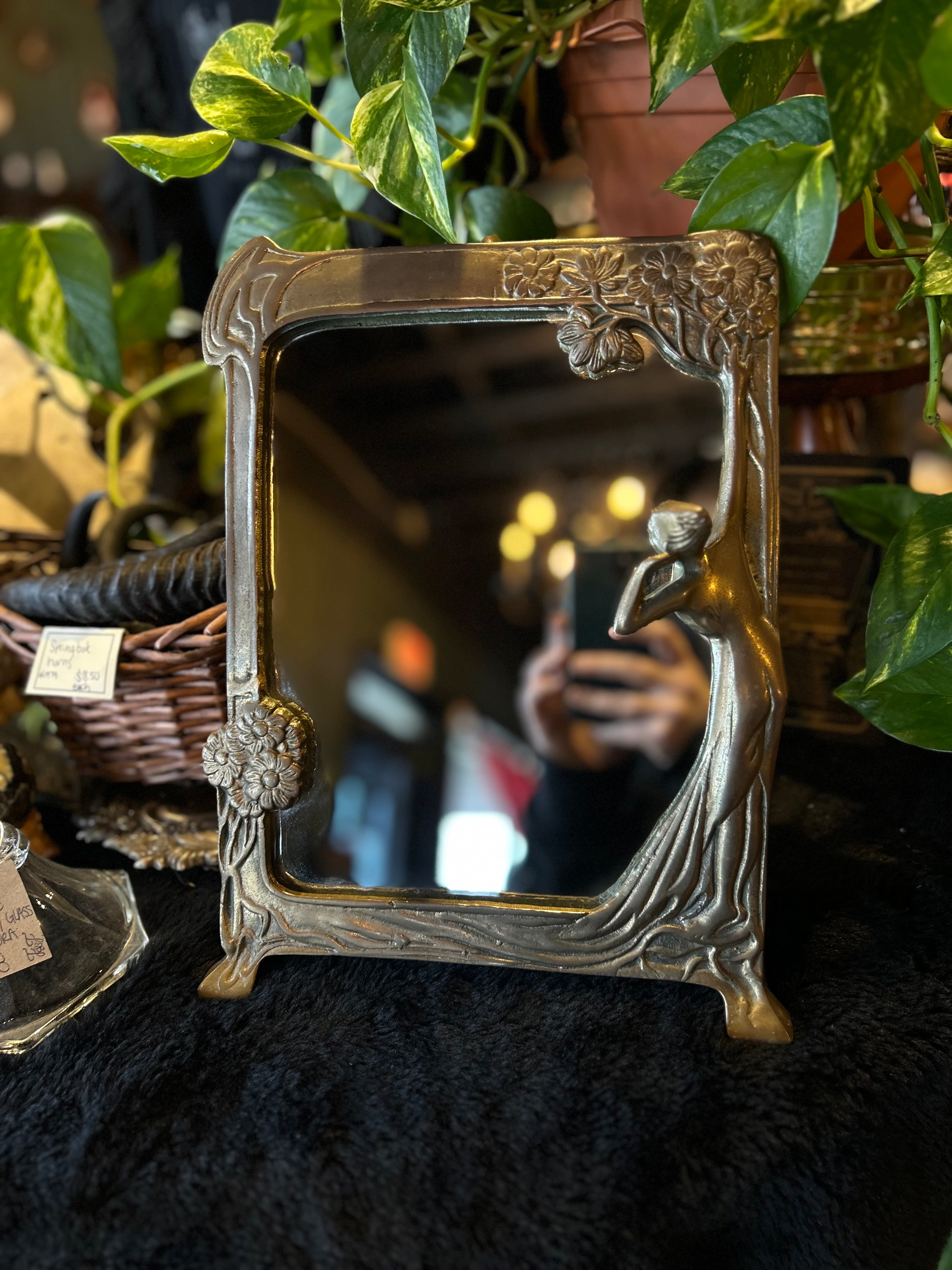 Antique Art Nouveau Brass Mirror