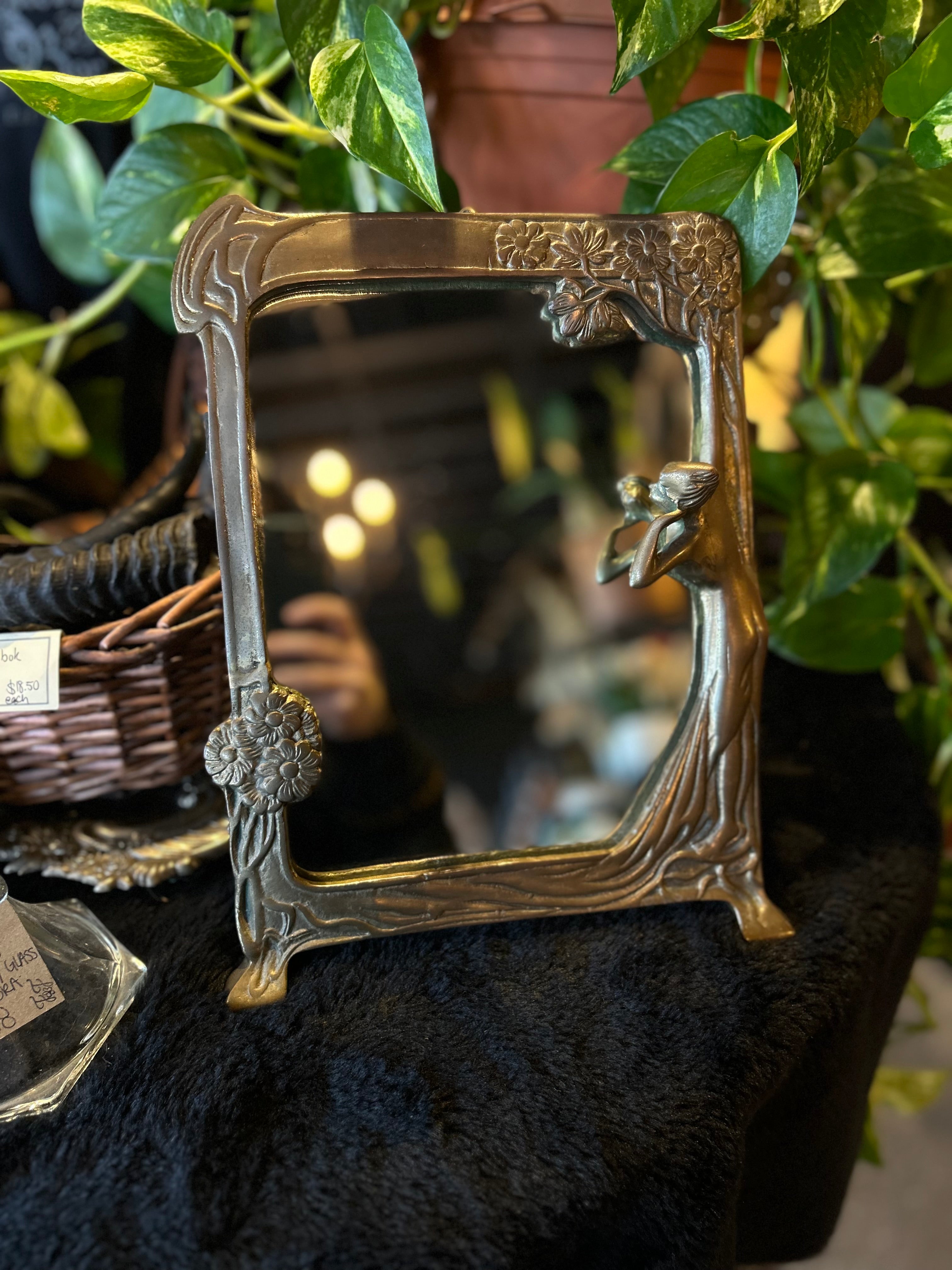 Antique Art Nouveau Brass Mirror